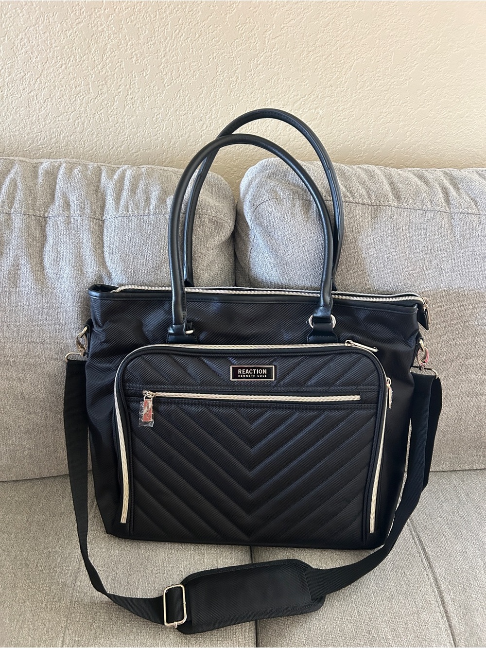 KENNETH COLE REACTION Black Quilted Laptop Tote with Shoulder Strap